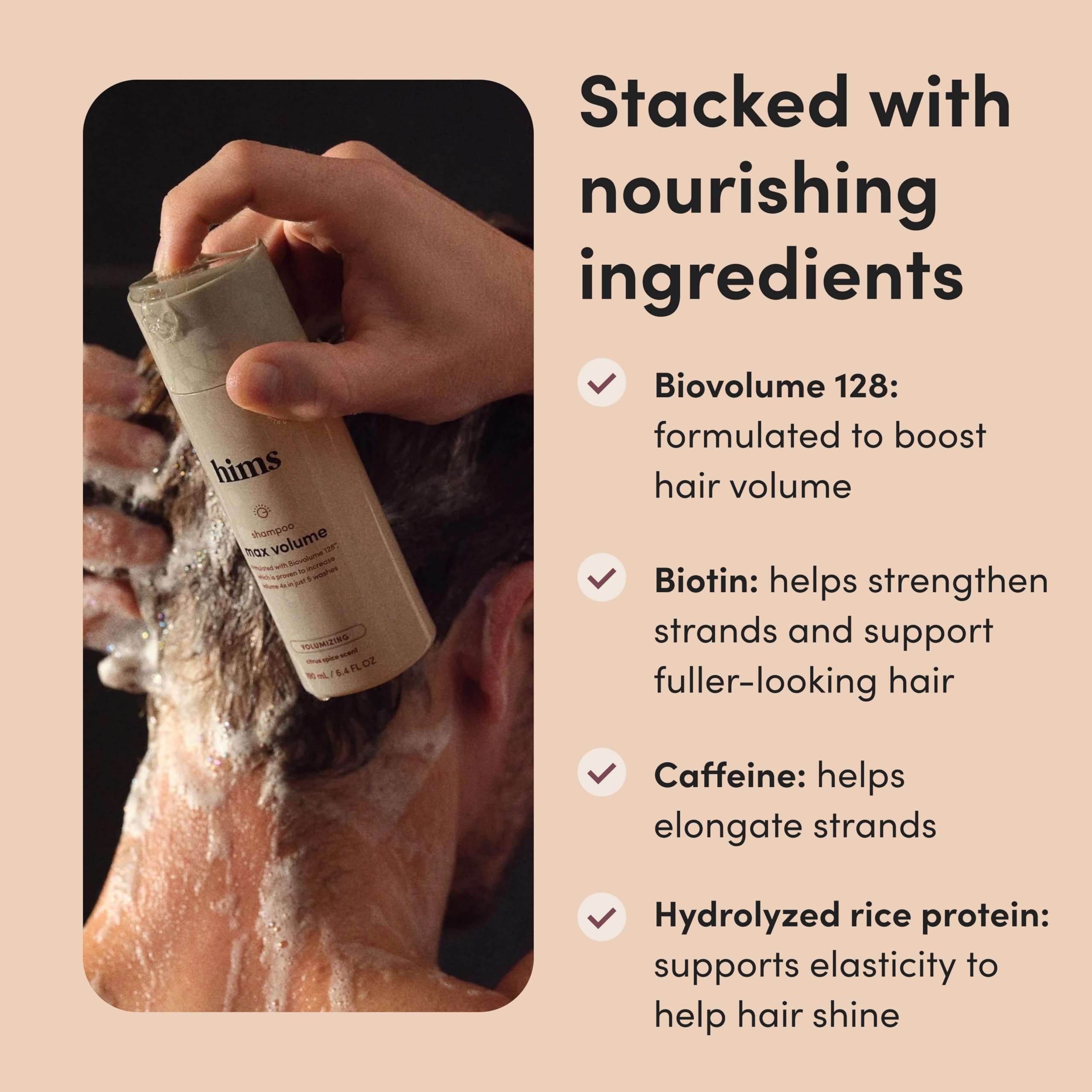 Hims Hers Max Volume Shampoo label closeup shows biotin and caffeine ingredients.