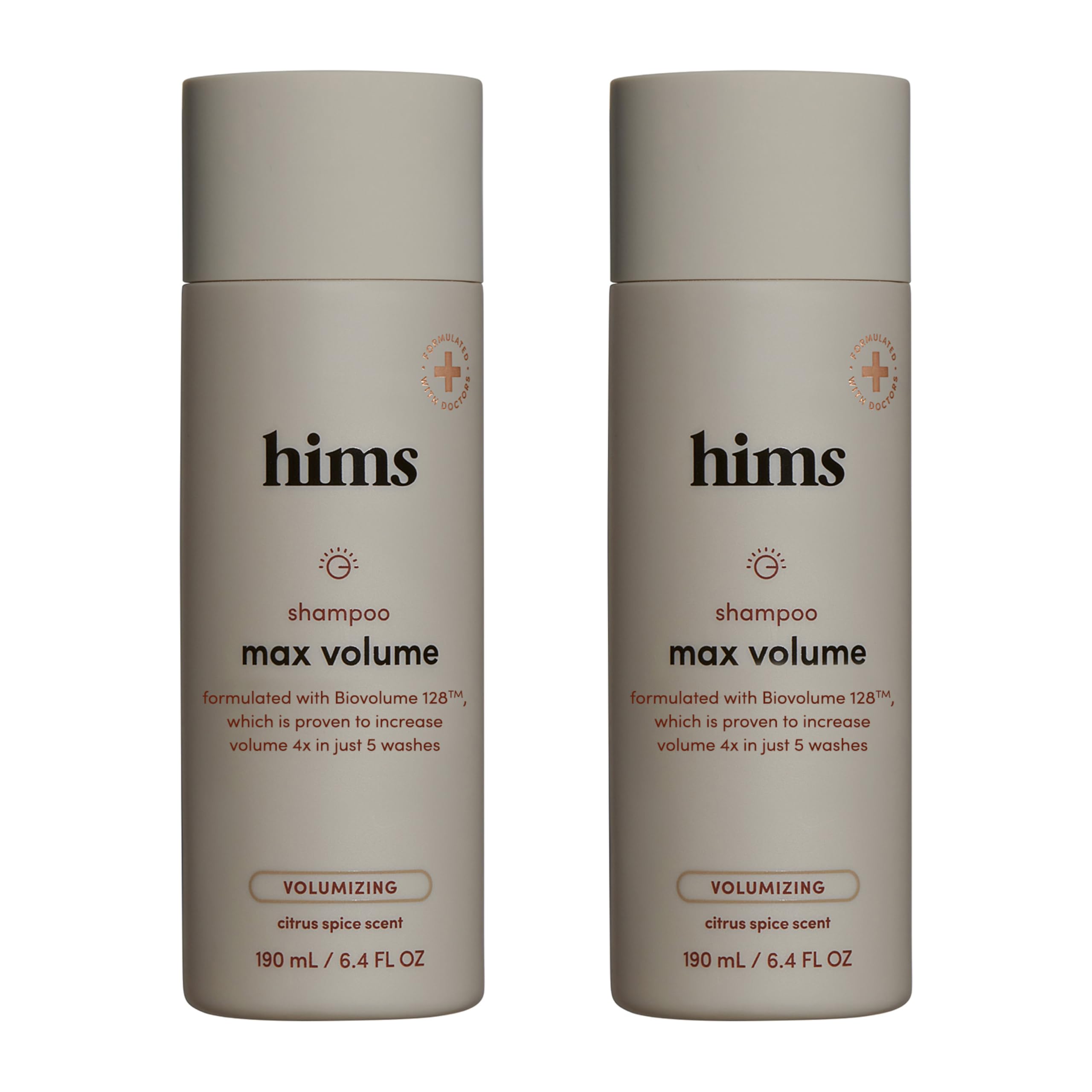 Hims Hers Max Volume Shampoo bottle front demonstrates volumizing action for fuller hair.