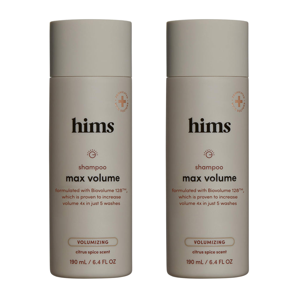 Hims Hers Max Volume Shampoo bottle front demonstrates volumizing action for fuller hair.