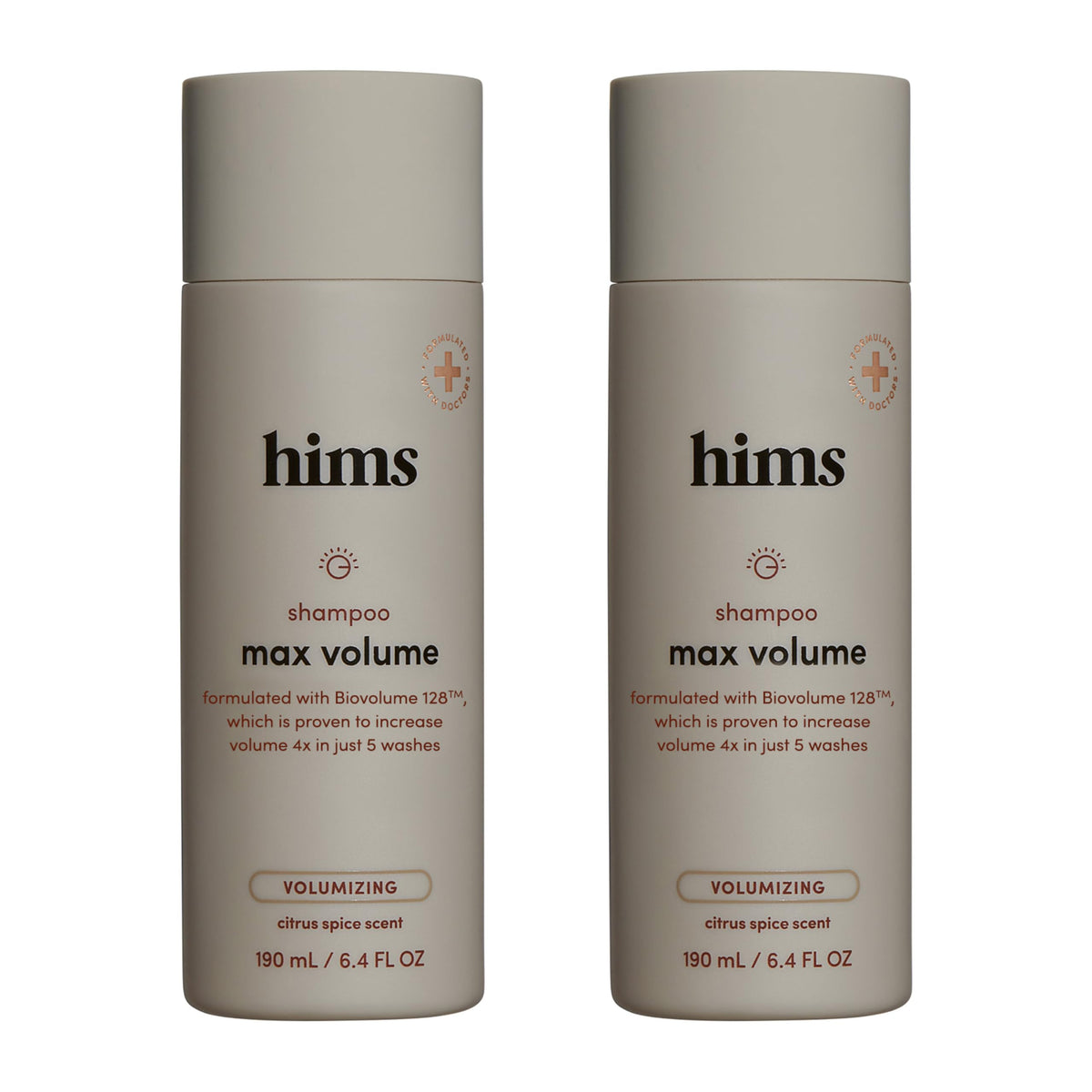 Hims Hers Max Volume Shampoo bottle front demonstrates volumizing action for fuller hair.