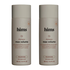 Hims Hers Max Volume Shampoo bottle front demonstrates volumizing action for fuller hair.