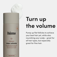 Hims Hers Max Volume Shampoo side view highlights lightweight formula for fine hair.