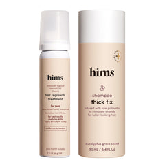 Hims & Hers Thick Fix shampoo bottle with color-safe formula for daily cleansing.