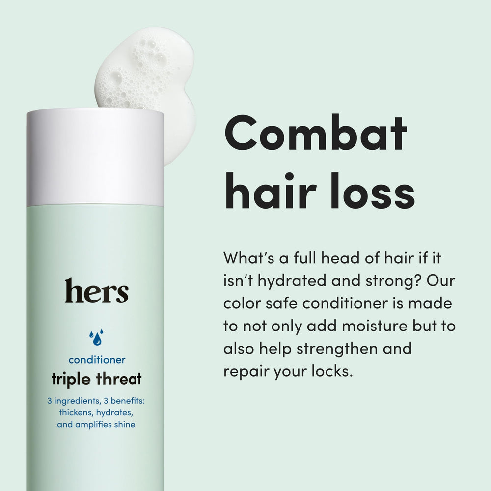 Closeup of Hims & Hers conditioner bottle label emphasizing sulfate-free color-safe formula