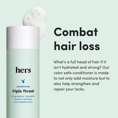 Closeup of Hims & Hers conditioner bottle label emphasizing sulfate-free color-safe formula
