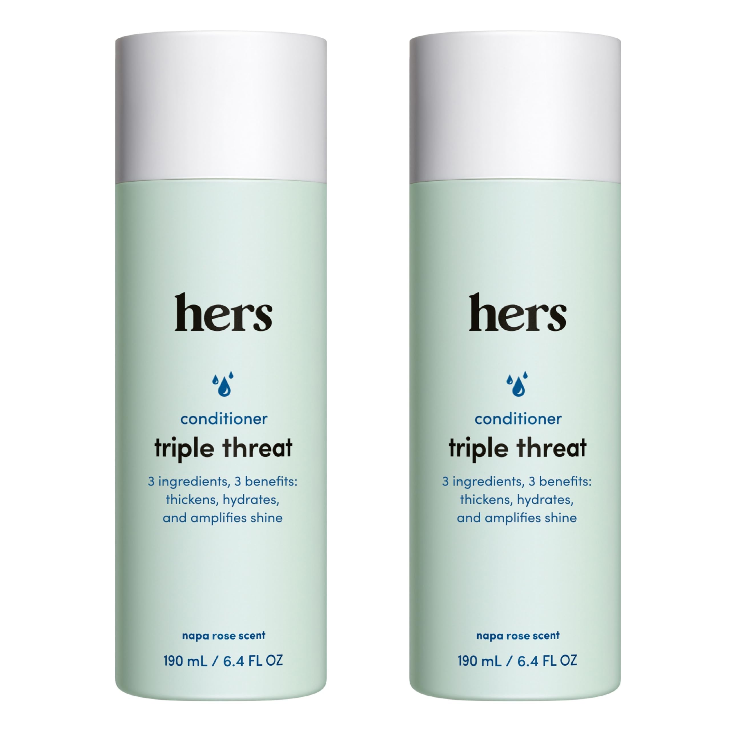 Hims & Hers Triple Threat Conditioner bottle showing moisturizing formula for all hair types