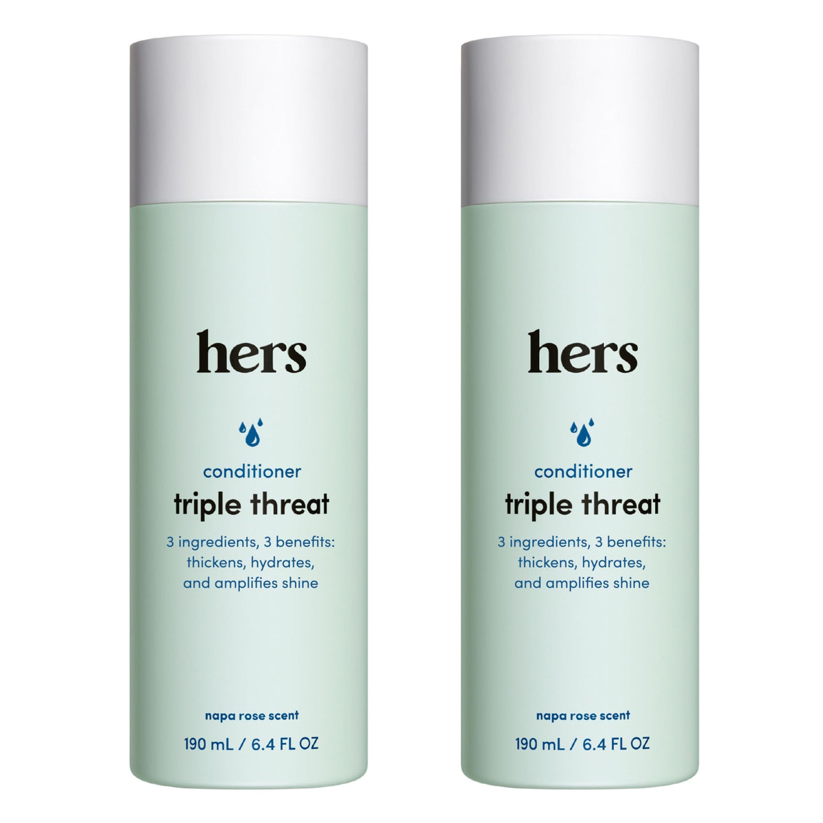 Hims & Hers Triple Threat Conditioner bottle showing moisturizing formula for all hair types