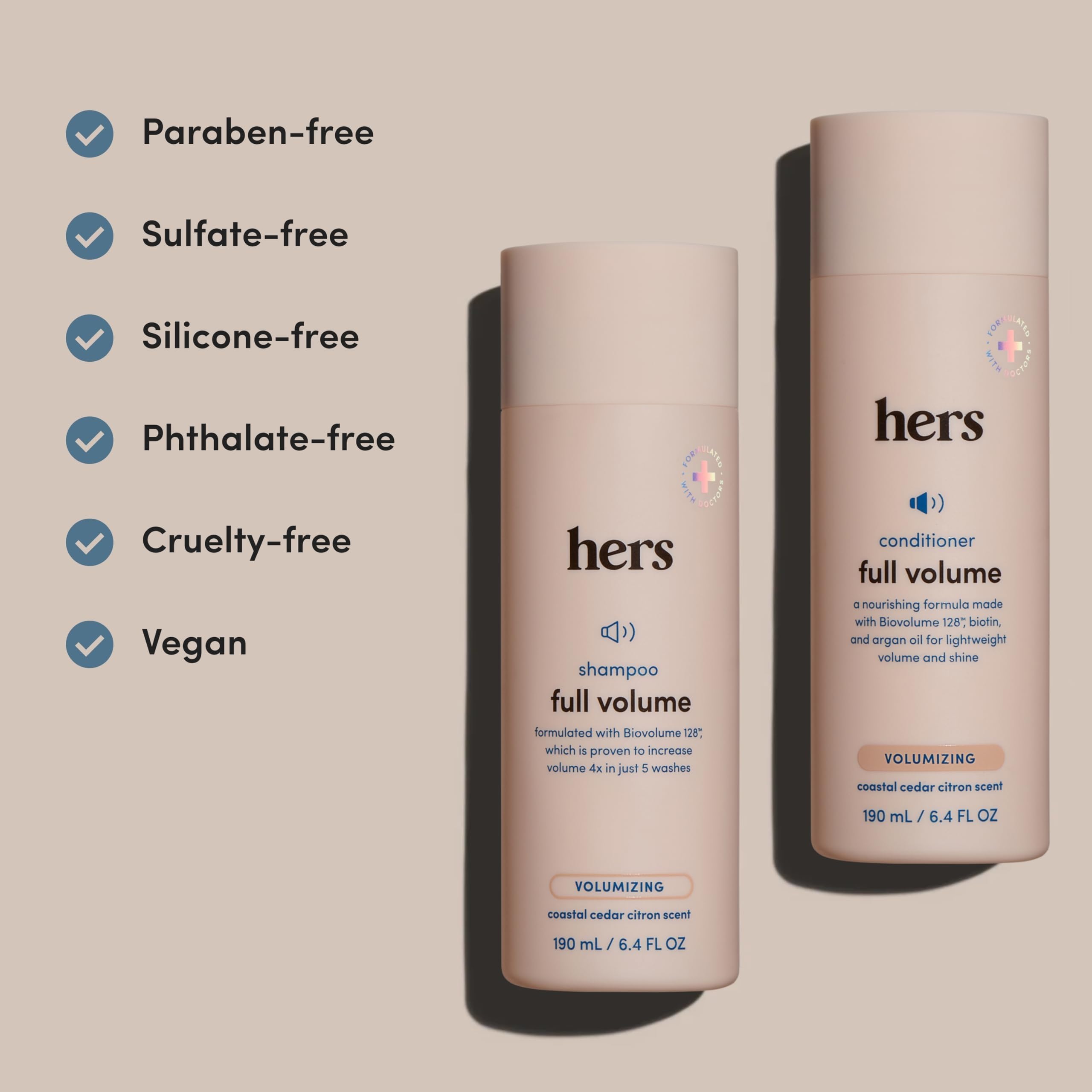 Hims and Hers vegan formula label indicates gentle, plant-based care.
