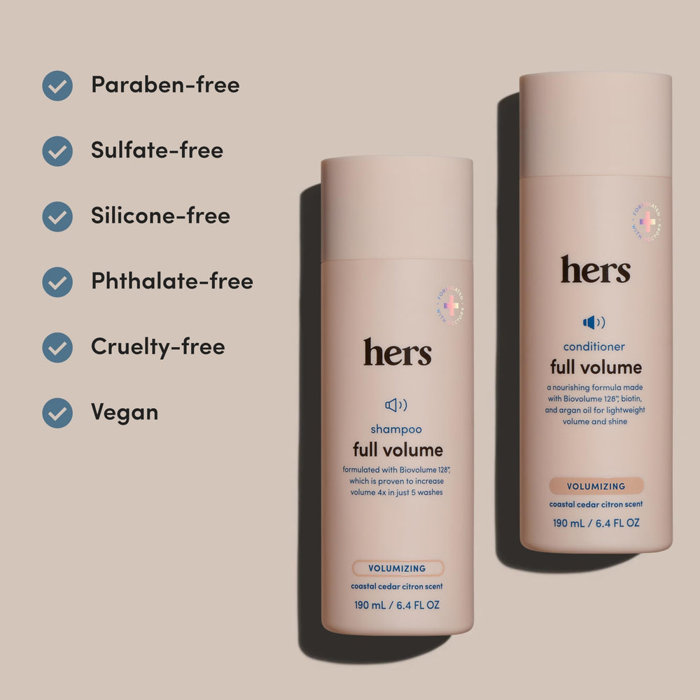 Hims and Hers vegan formula label indicates gentle, plant-based care.