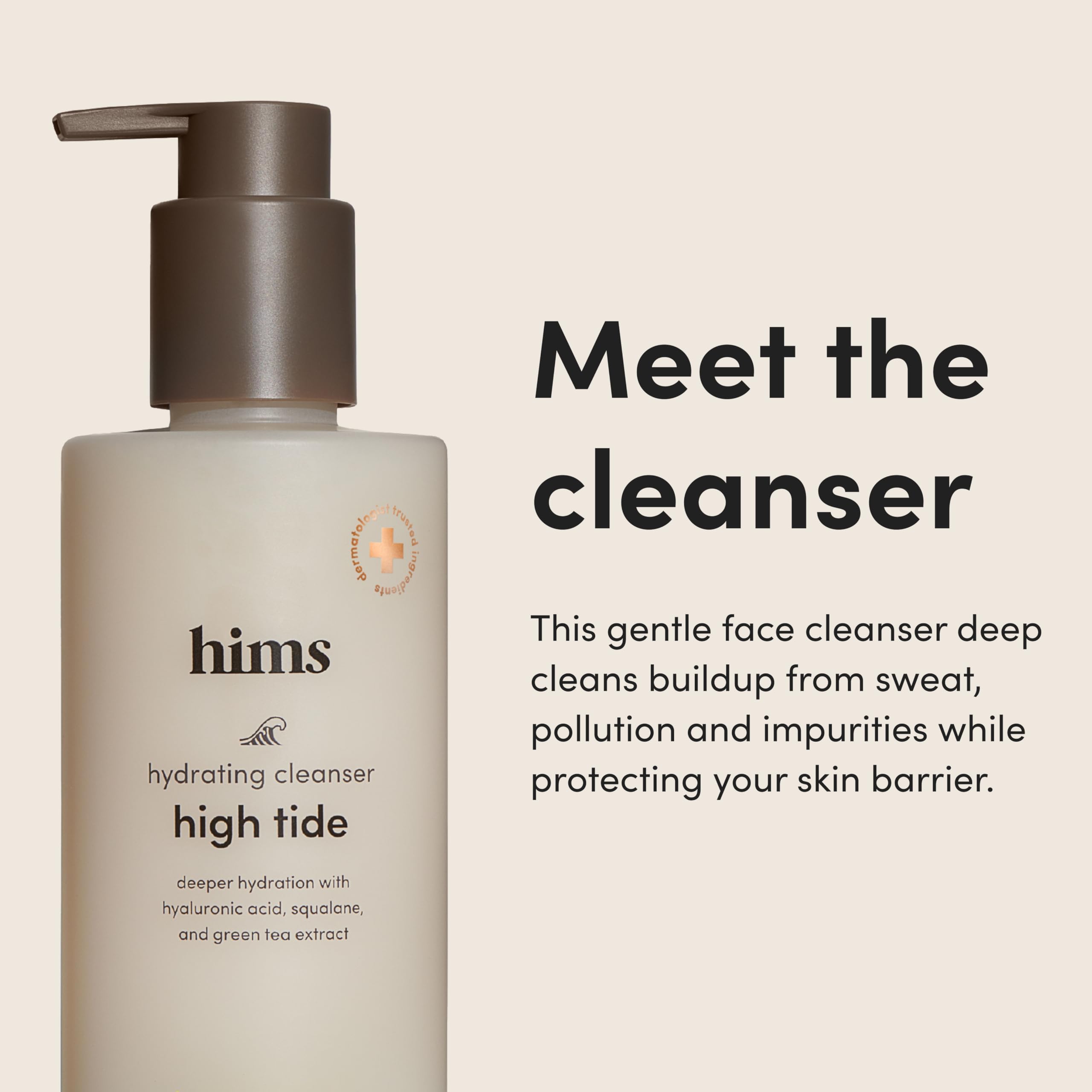 Hims High Tide ingredients label highlights hyaluronic acid and squalane for moisture.