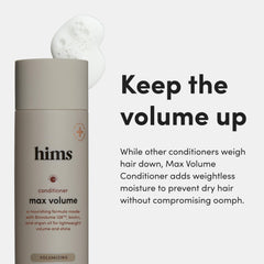 Hims Max Volume conditioner bottle back notes vegan formula free of parabens and sulfates.