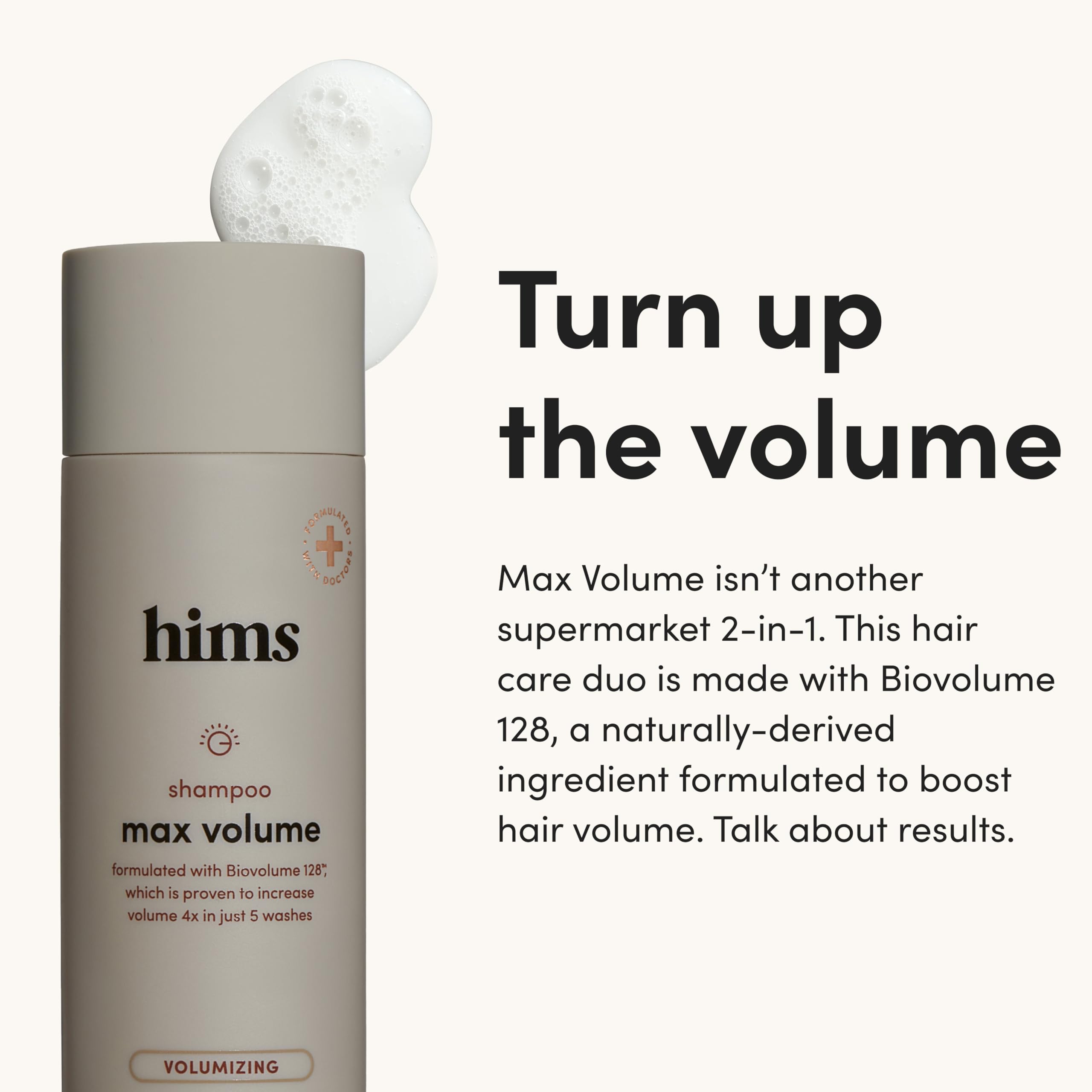 Hims Max Volume conditioner bottle showing hydration and lifted roots.