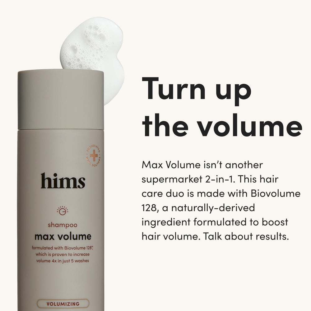 Hims Max Volume conditioner bottle showing hydration and lifted roots.