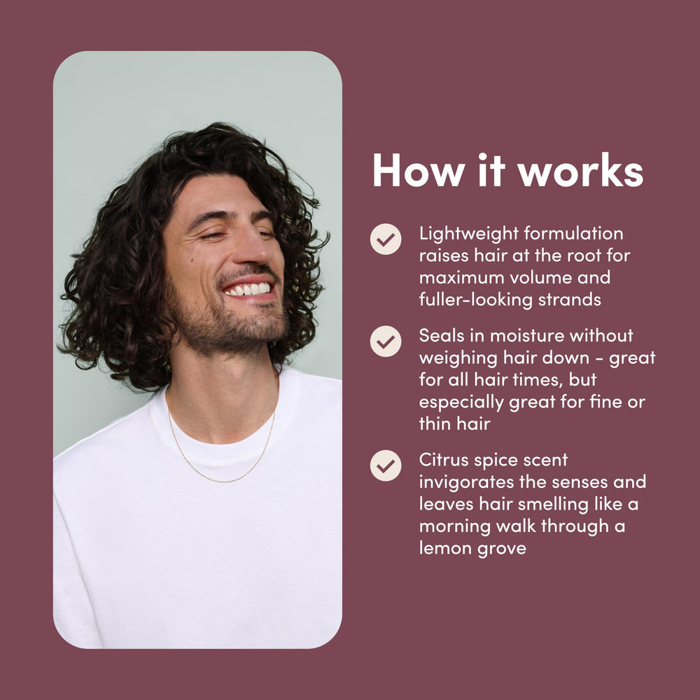 Hims Max Volume ingredients graphic highlights biotin, argan oil, and Biovolume 128.