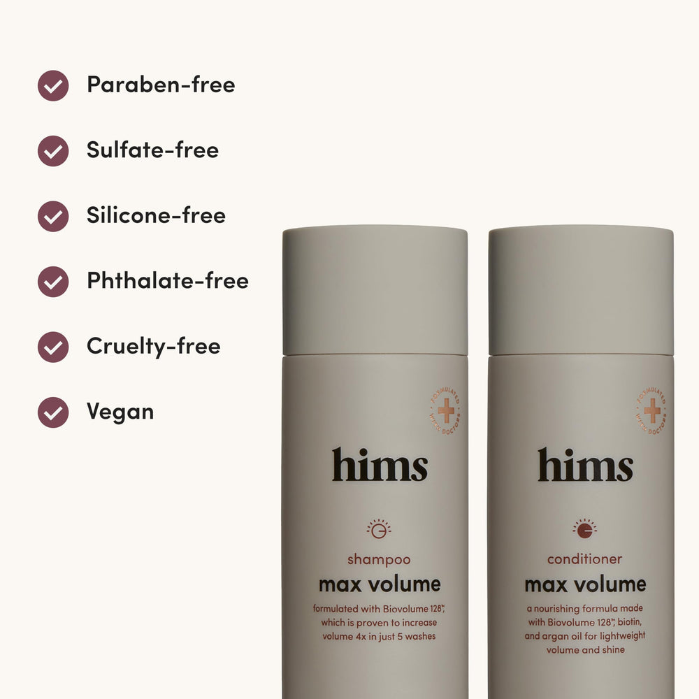 Hims Max Volume packaging box highlighting vegan ingredients.