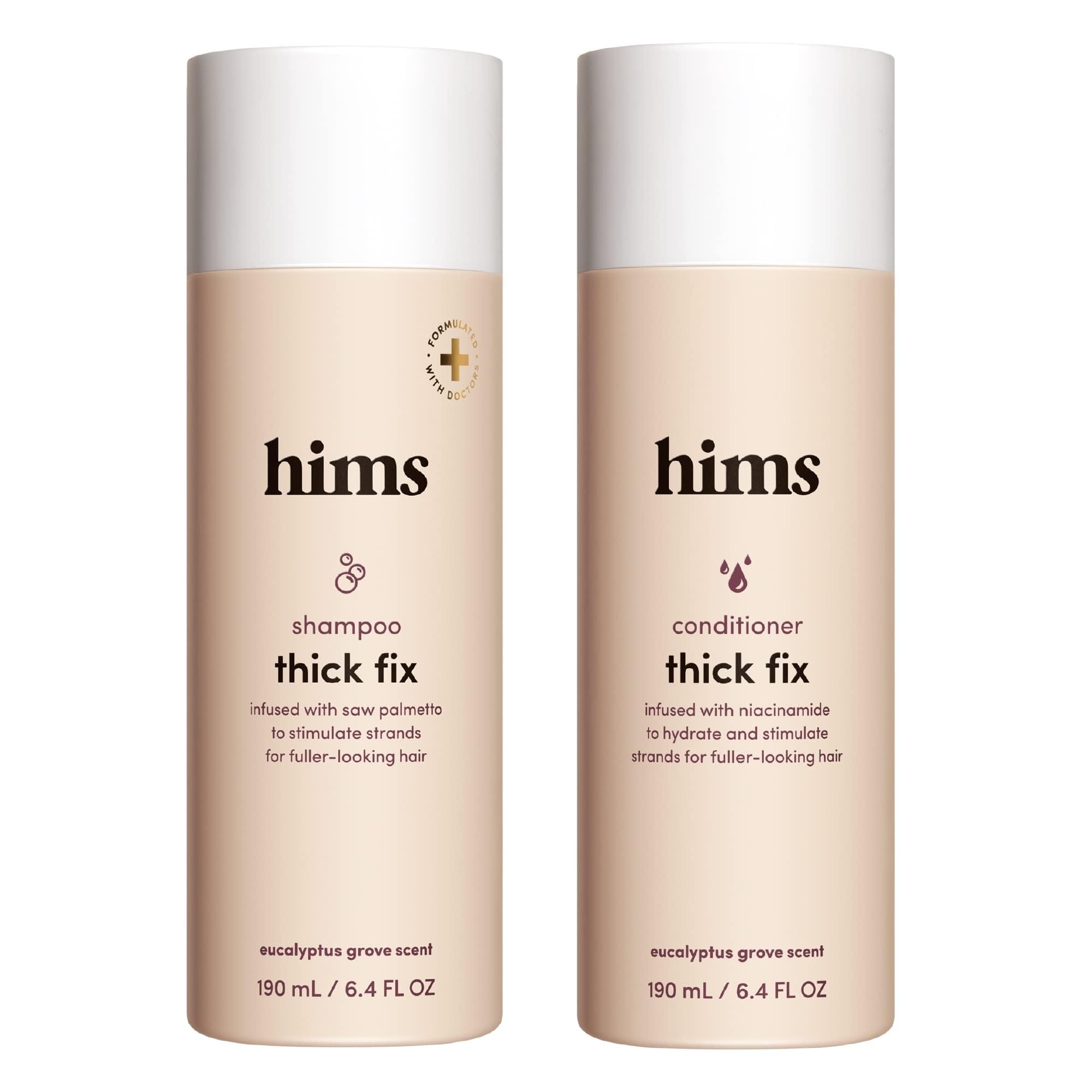 Hims Thick Fix Shampoo bottle for daily scalp refreshment and cleaner roots.