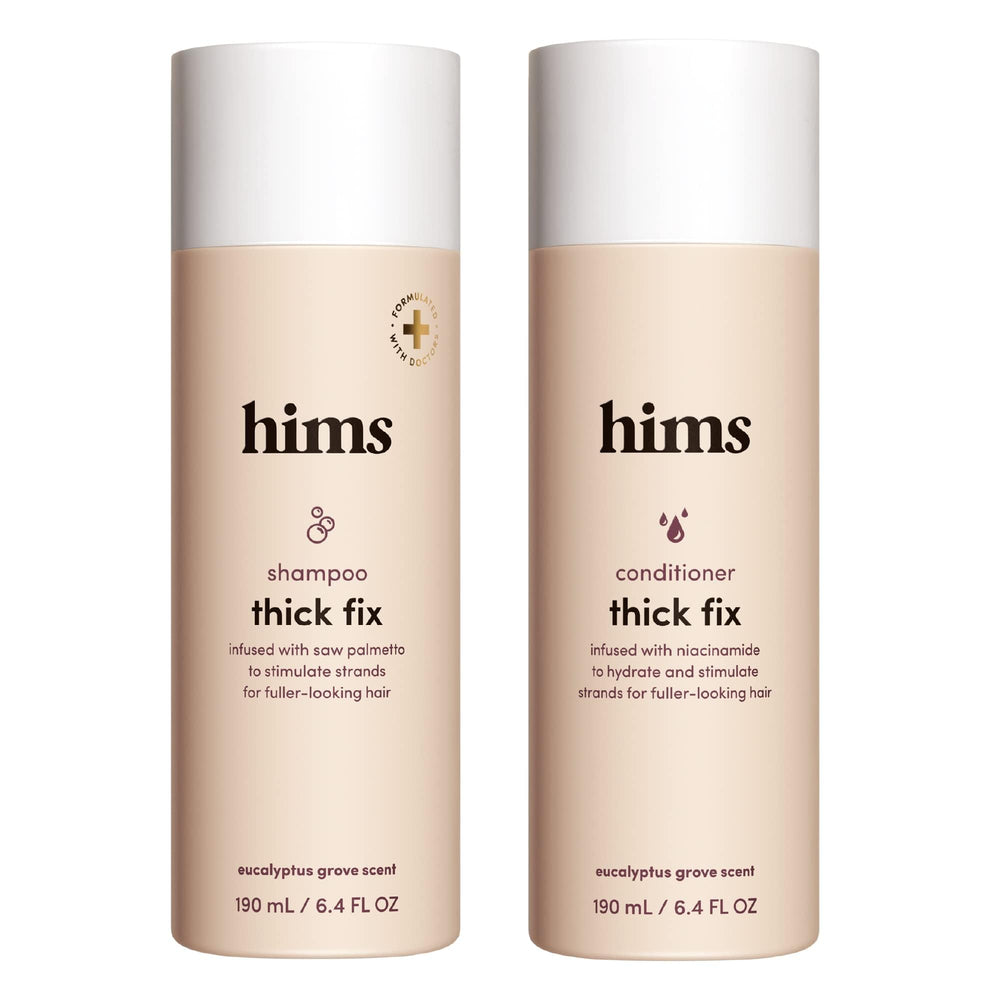 Hims Thick Fix Shampoo bottle for daily scalp refreshment and cleaner roots.