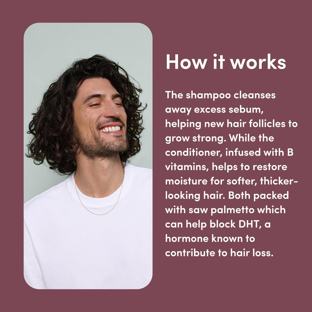 Hims Thick Fix Shampoo label closeup highlighting saw palmetto benefits.