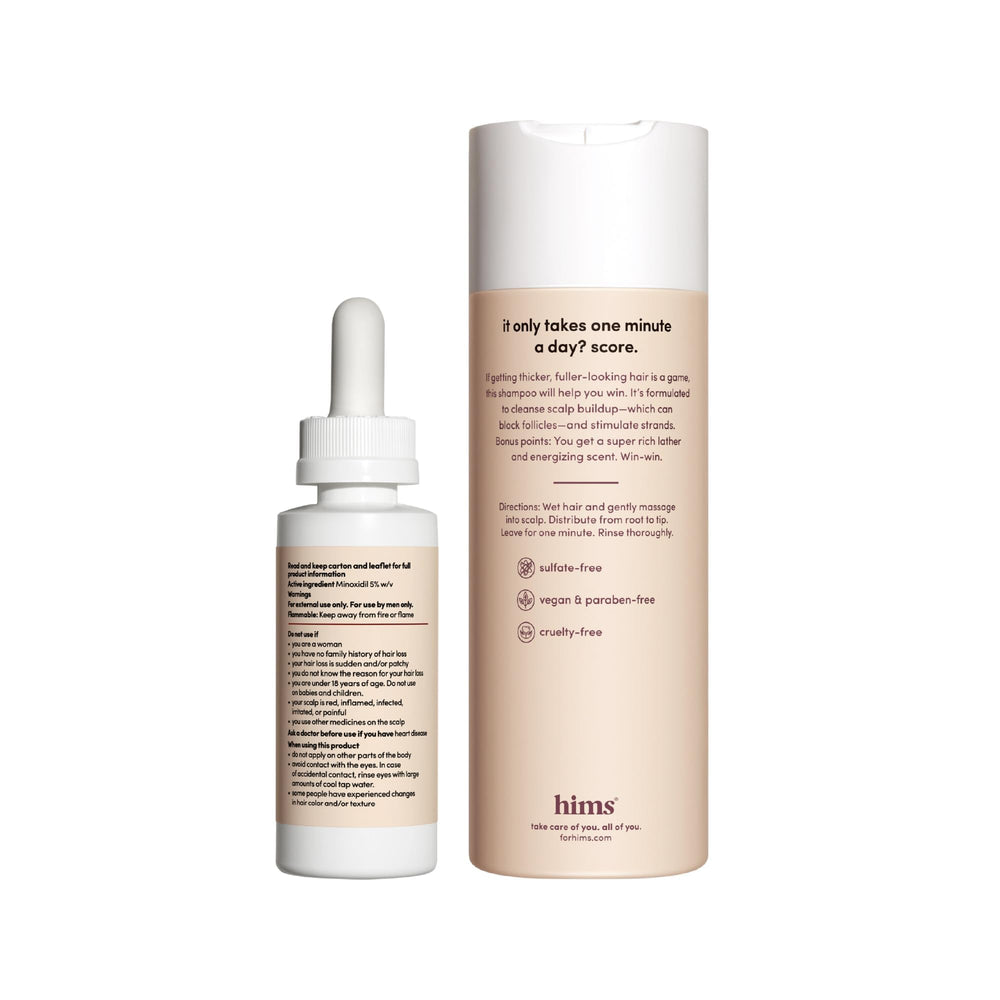 Hims Thick Fix shampoo label close-up highlights color-safe, sulfate-free formula.