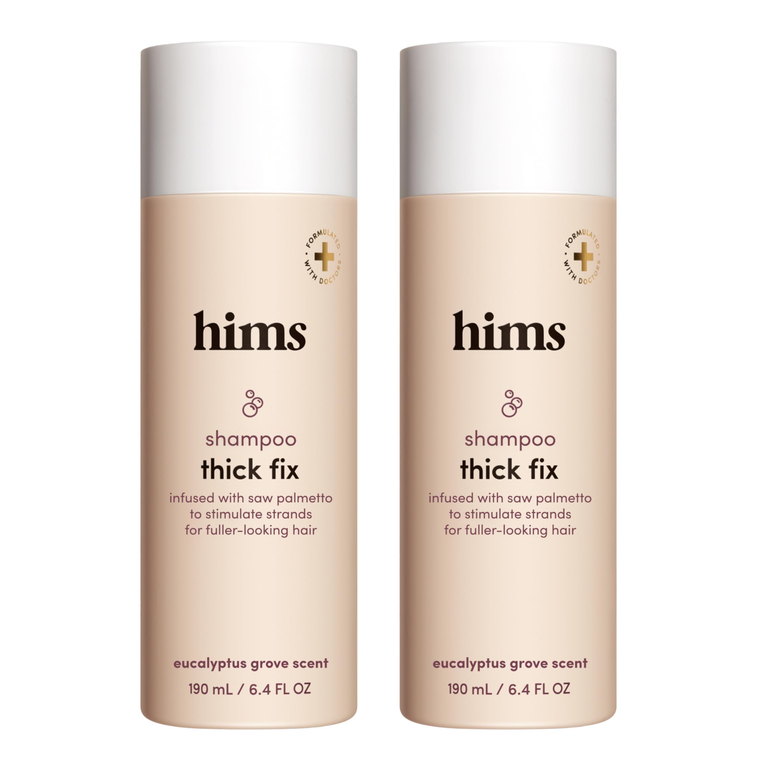 Hims Thick Fix Shampoo bottle with saw palmetto may support fuller-looking hair.