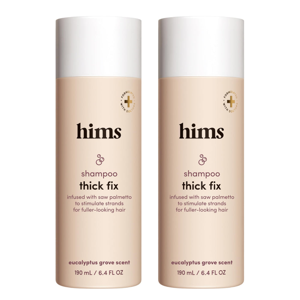 Hims Thick Fix Shampoo bottle with saw palmetto may support fuller-looking hair.