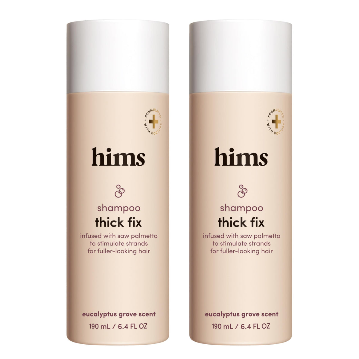Hims Thick Fix Shampoo bottle with saw palmetto may support fuller-looking hair.