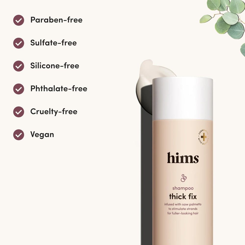 Hims Thick Fix Shampoo is vegan and sulfate-free for mindful hair care.