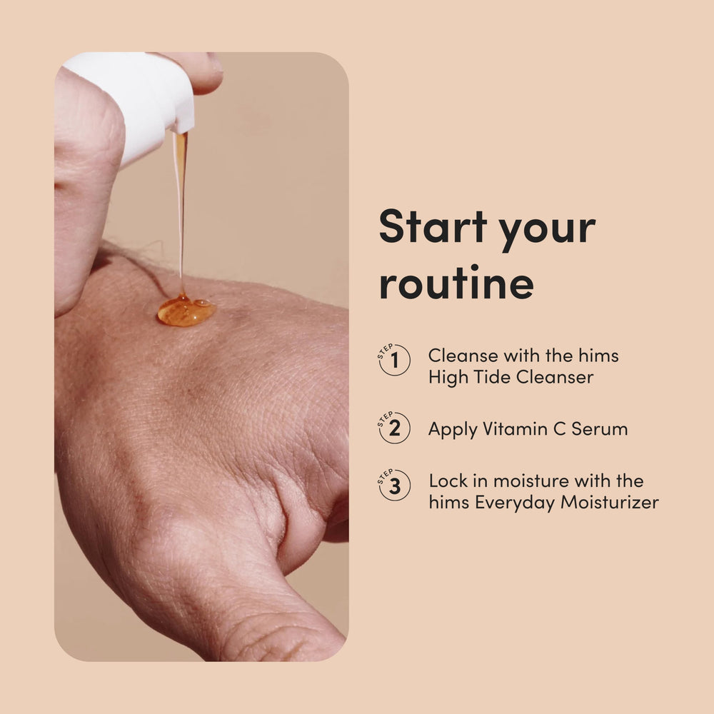Hims Vitamin C Serum on a bathroom counter ready for daily use.