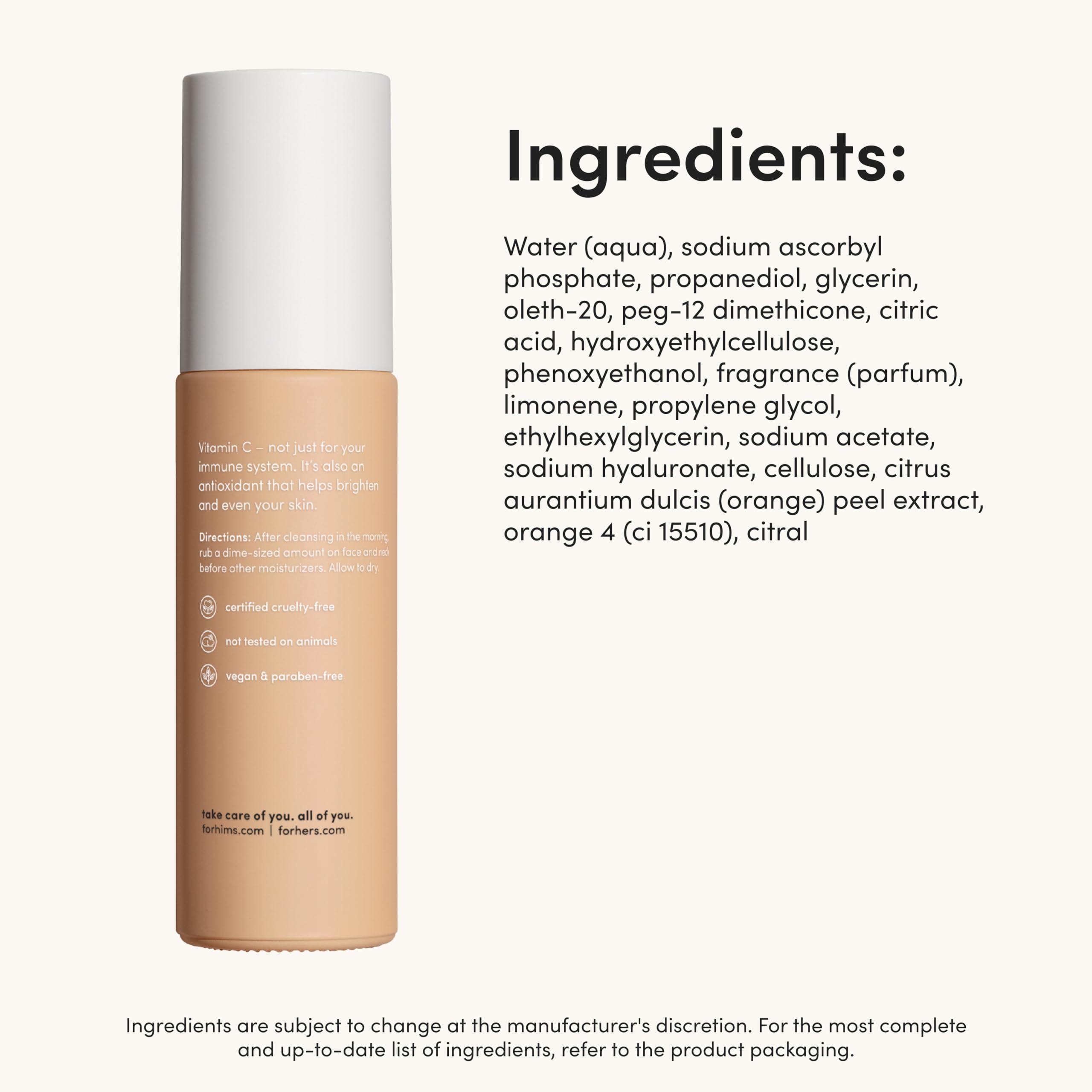 Packaging design of Hims Vitamin C Serum emphasizing simplicity and ethics.