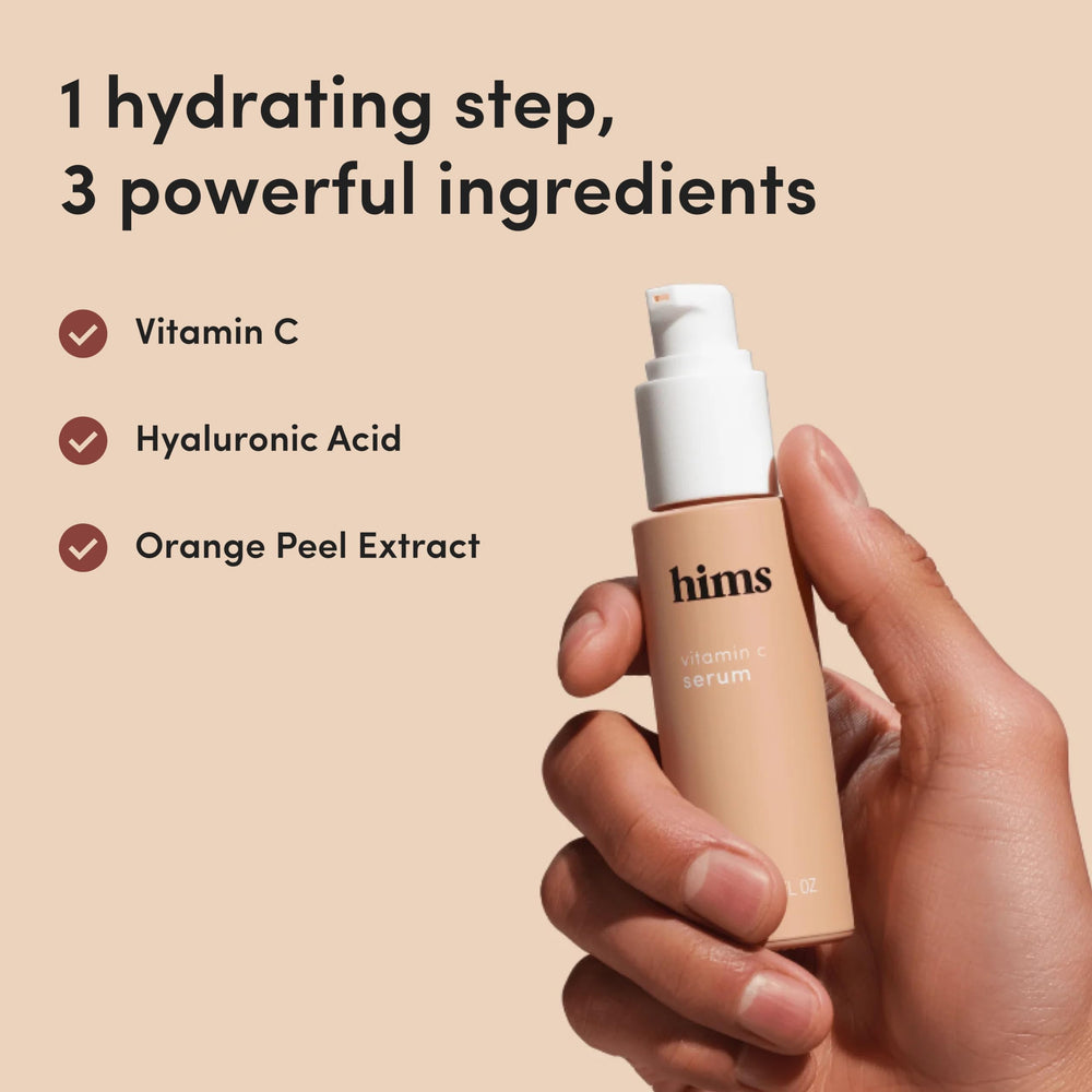 Serum applied to skin showing improved tone and brightness with Hims Vitamin C.