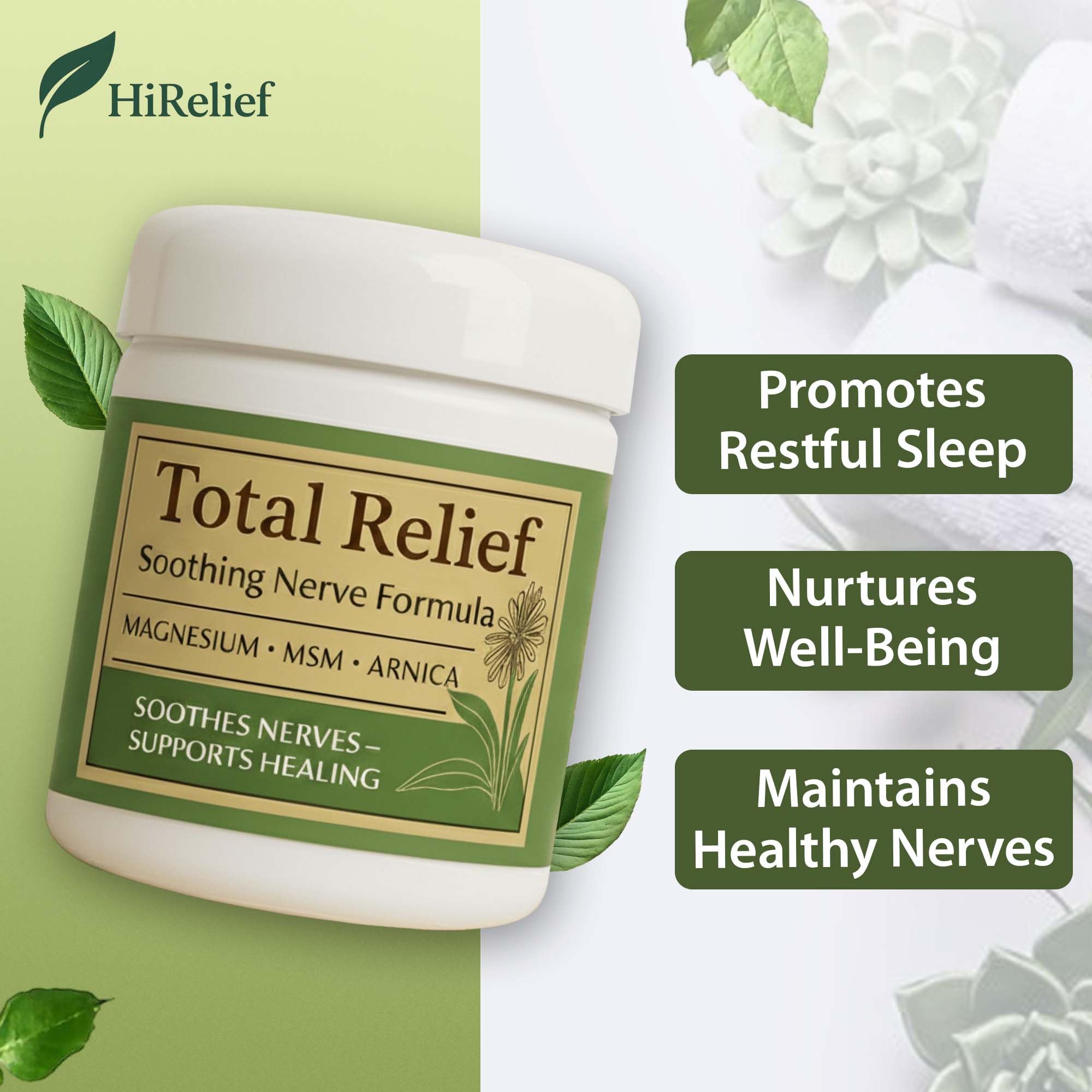 HiRelief Total Relief Magnesium Cream with Arnica and MSM highlights the gentle nerve care blend