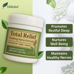HiRelief Total Relief Magnesium Cream with Arnica and MSM highlights the gentle nerve care blend