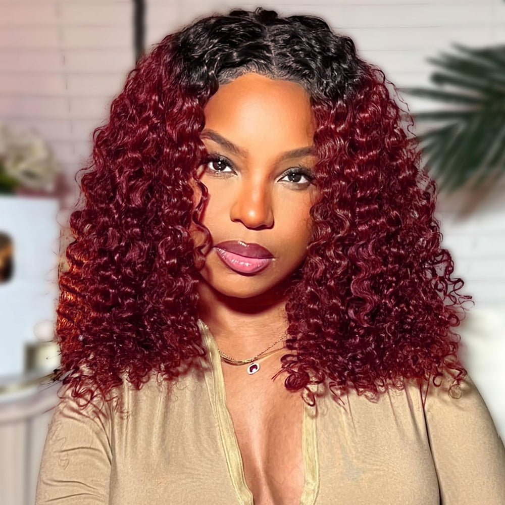HIRIREMY ombre burgundy deep wave bob wig for a bold look