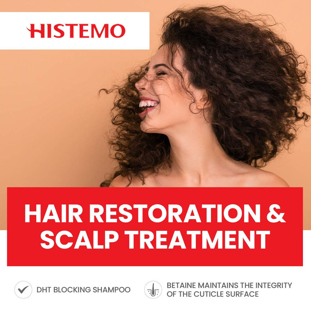 Histemo Ultra Scalp Care Shampoo back label notes DHT blocking and Biotin benefits.