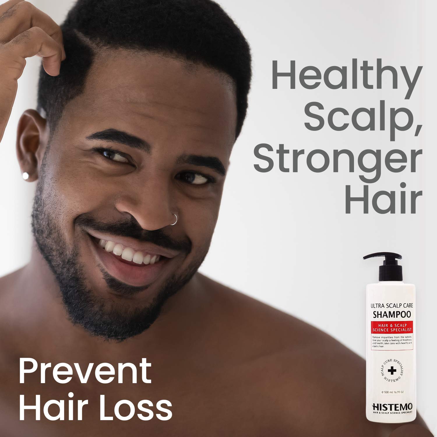 Histemo shampoo on sink setup for easy home hair care routine.