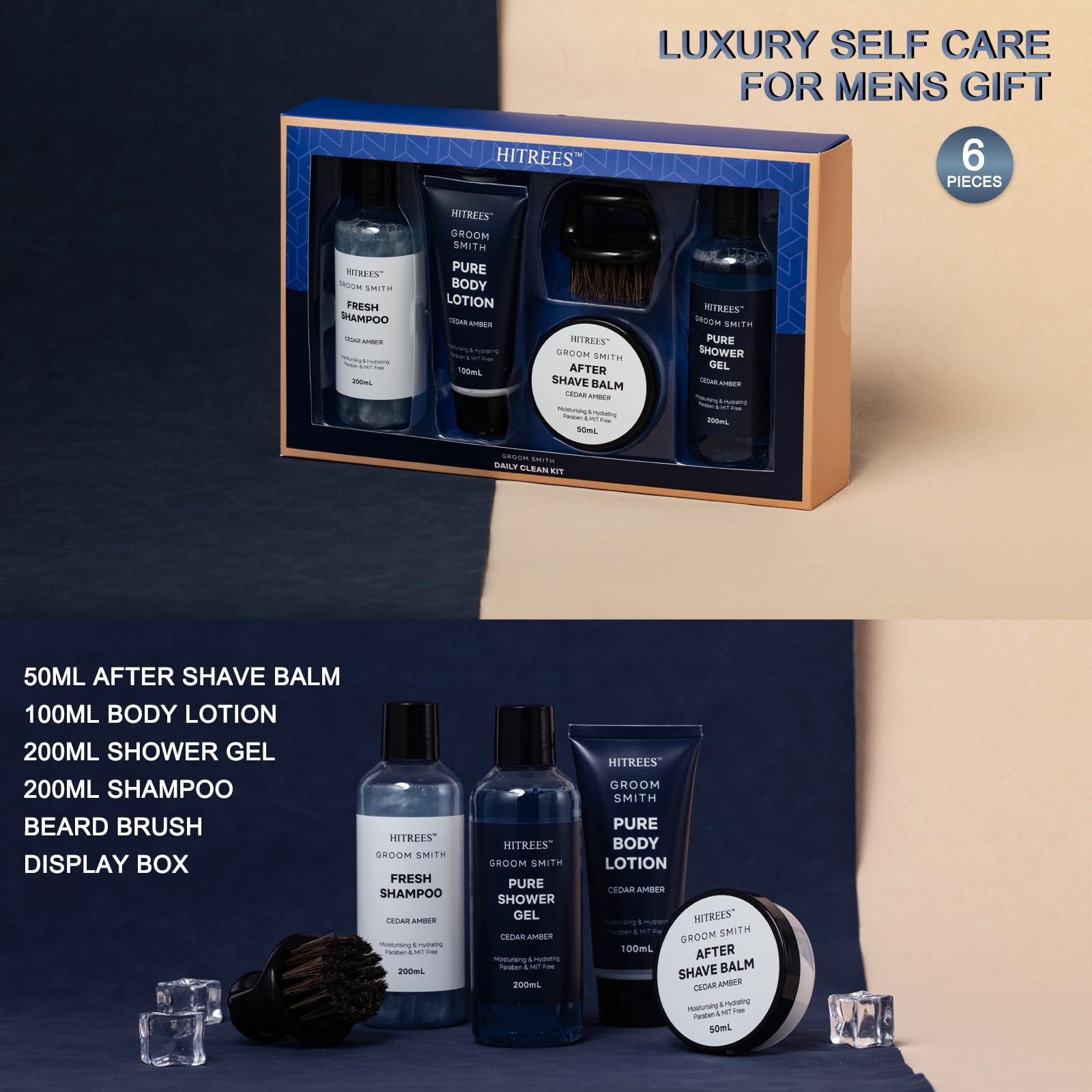 Hitrees Cedarwood & Amber Shower Gel for a refreshing, masculine cleanse.