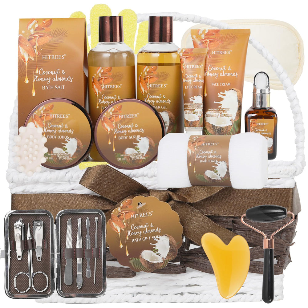 Hitrees coconut and honey almond spa gift basket showing full home pampering set