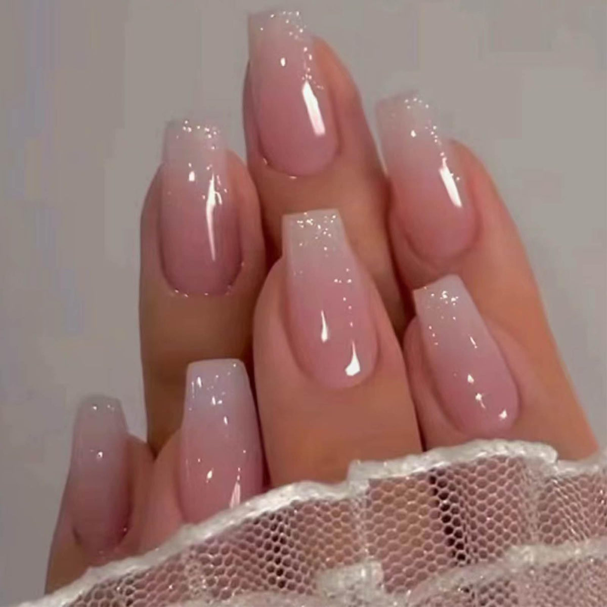 Hkanlre Bling coffin nails pink gradient close-up for a glam salon-like manicure at home