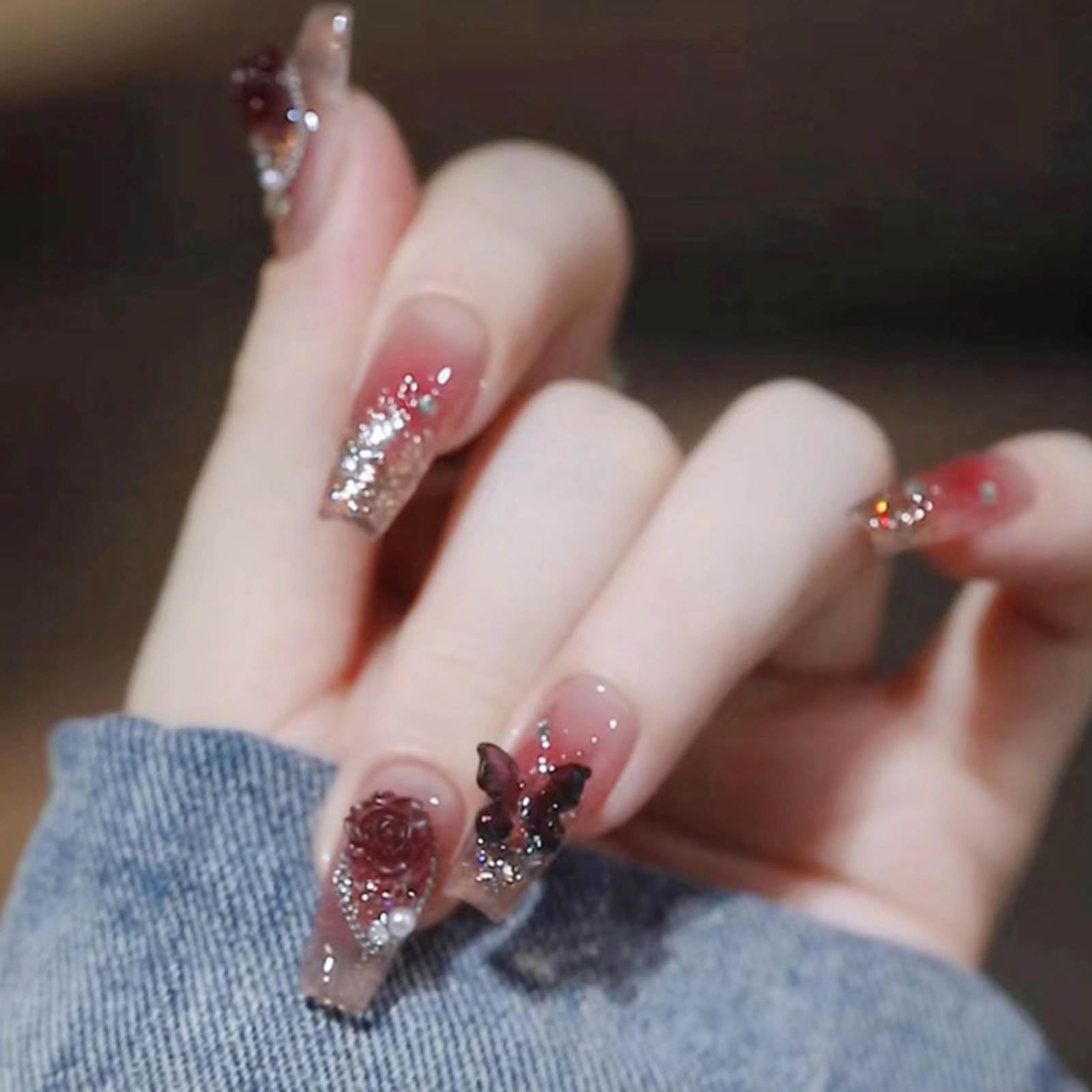 Hkanlre Bling coffin nails red gradient for stylish daily wear