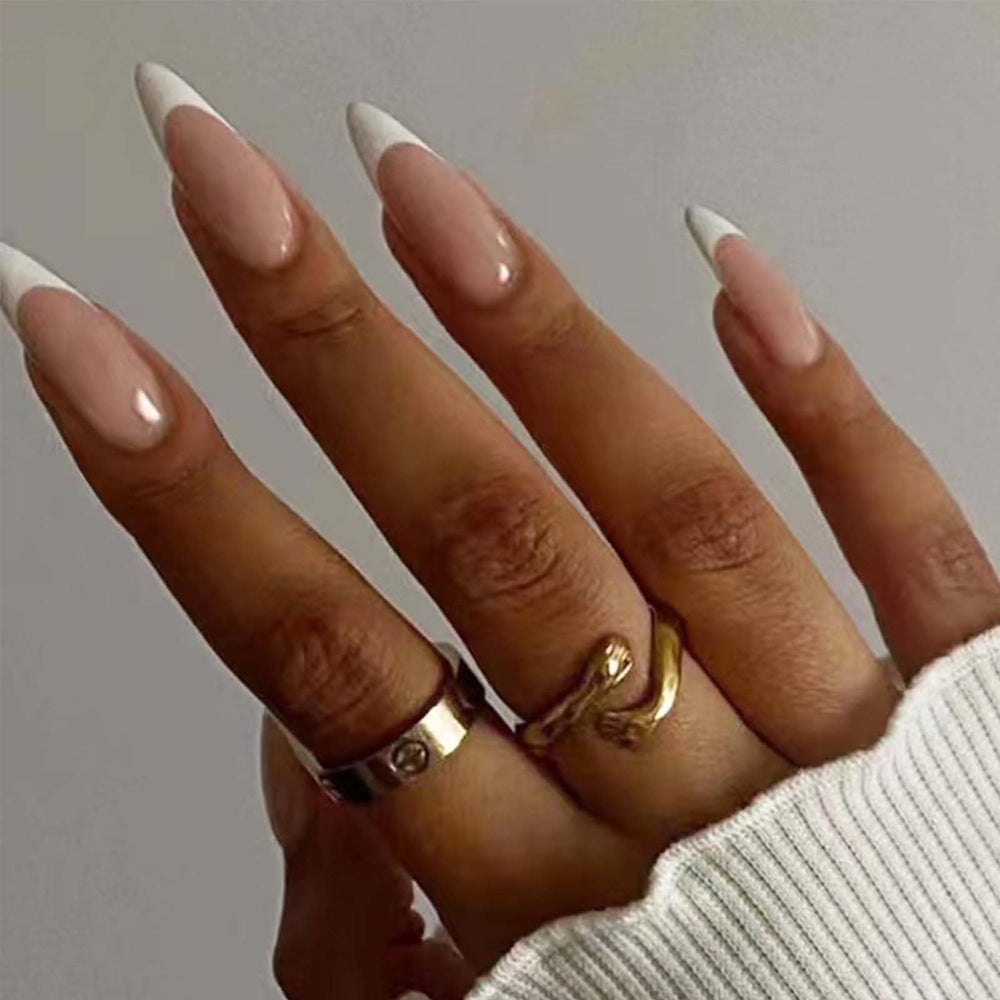 Hkanlre French stiletto nails long nude 24pcs for an elegant manicure.