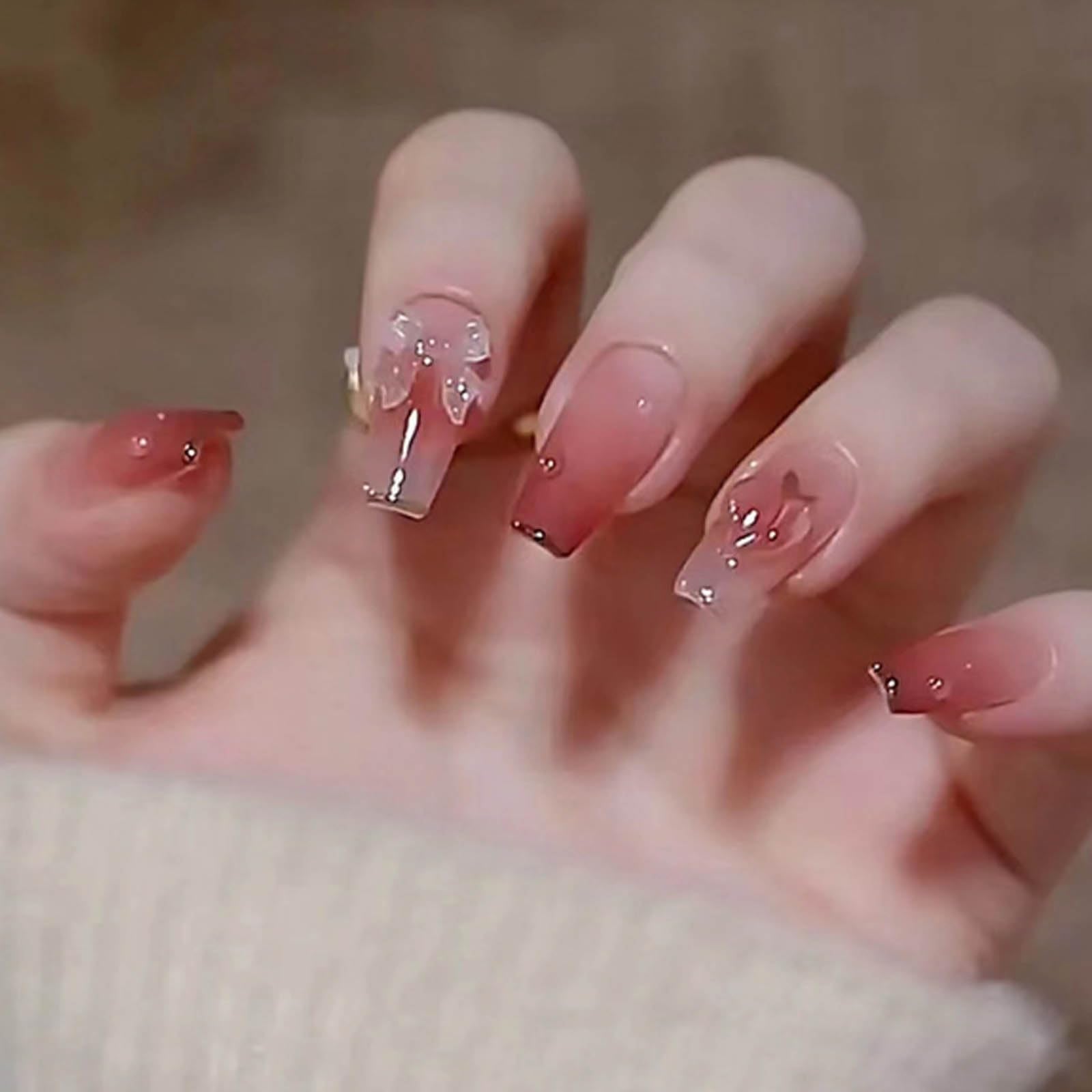 Hkanlre pink butterfly press-on nails with gradient finish for quick at-home manicure