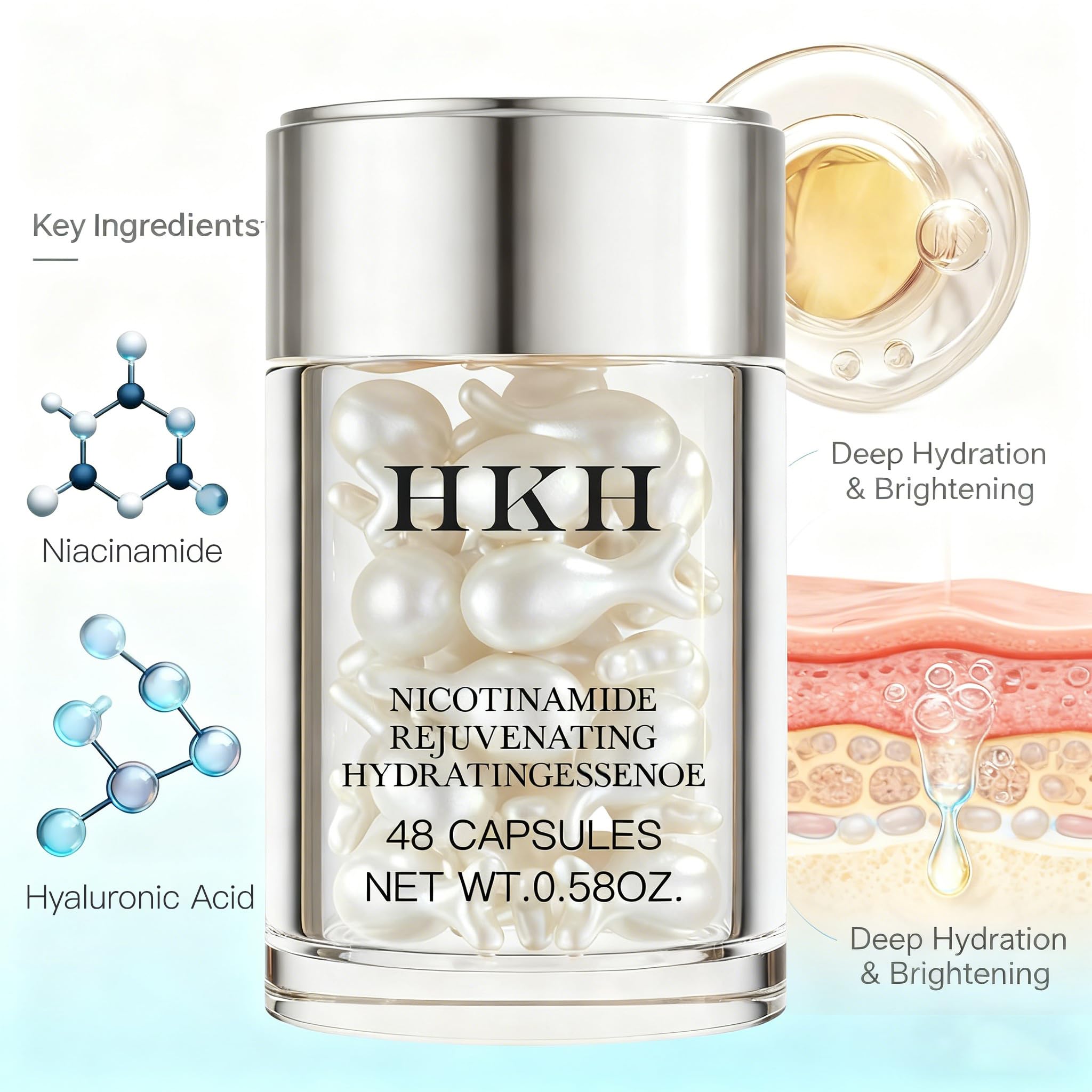 Close-up of HKH Niacinamide Serum Capsules showing capsule design for precise dosing