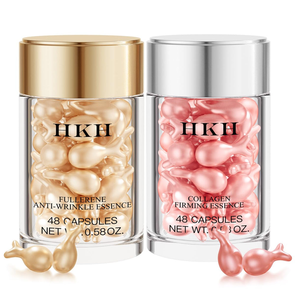 HKH Vitamin C serum capsules bottle close-up for fresh morning hydration.