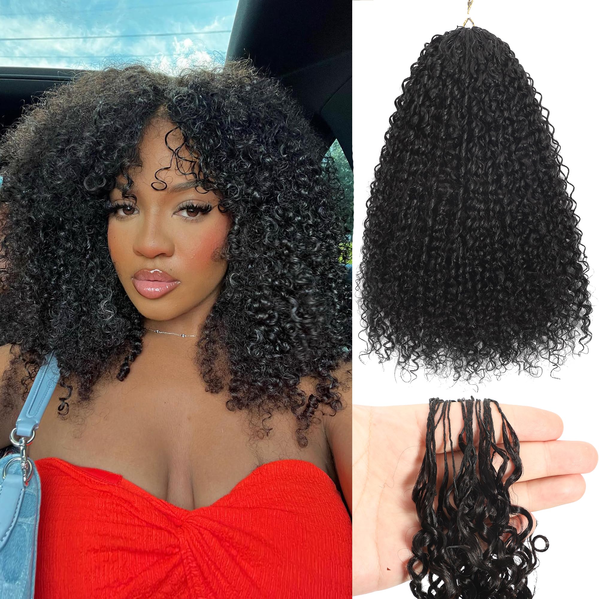 HLSK curly knotless extensions closeup in natural black for seamless blend.