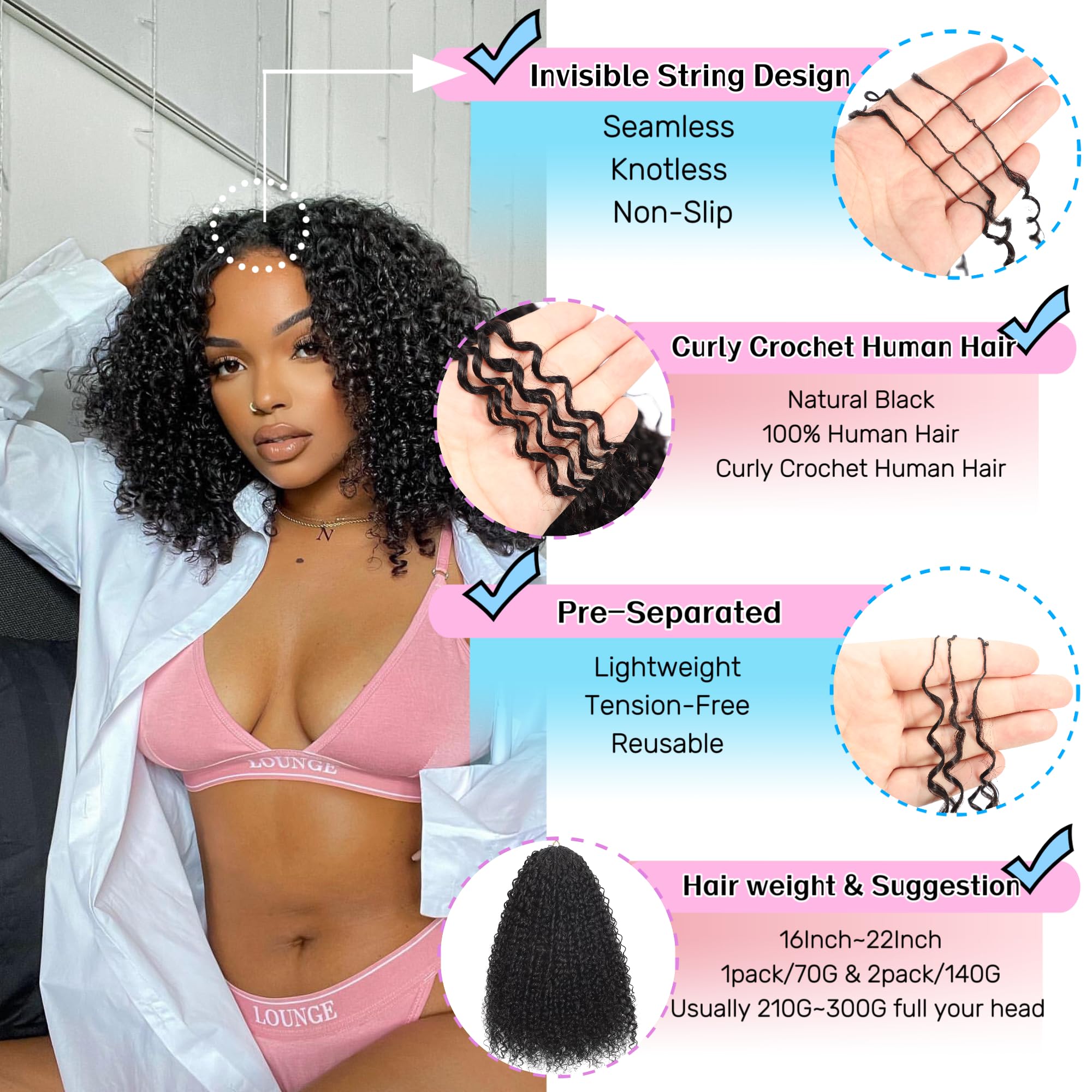 HLSK invisible string knotless closeup highlights smooth root finish.
