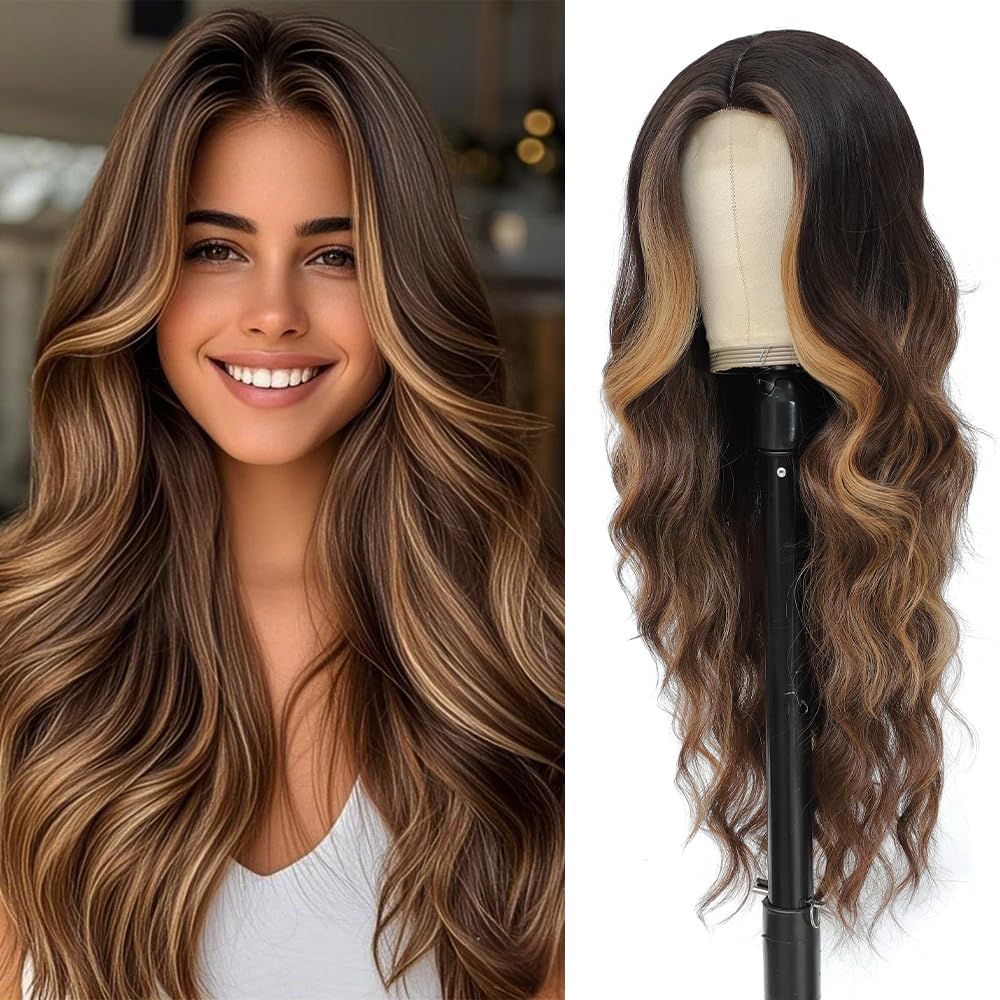 HMHIFI long brown mixed blonde wig 26in with a natural-looking wavy texture for daily wear