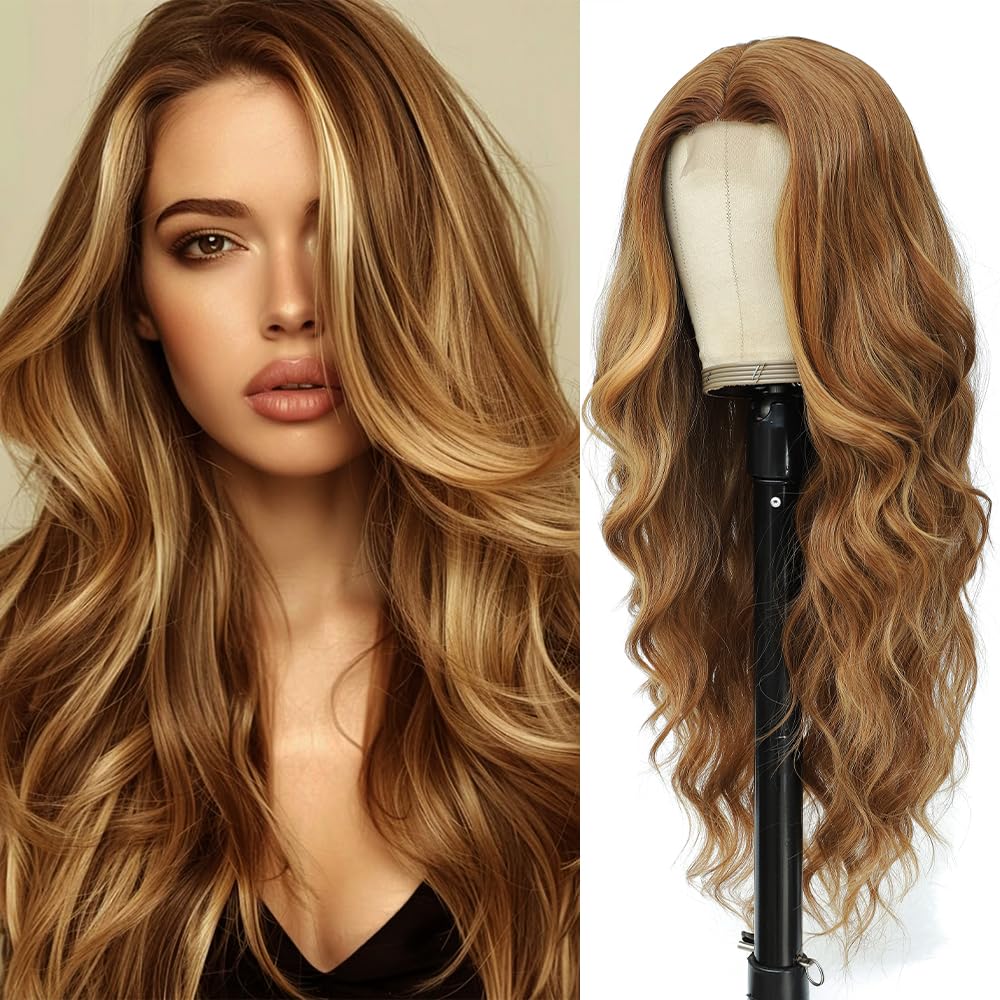 HMHIFI long brown mixed blonde wig with waves for daily wear and style versatility.