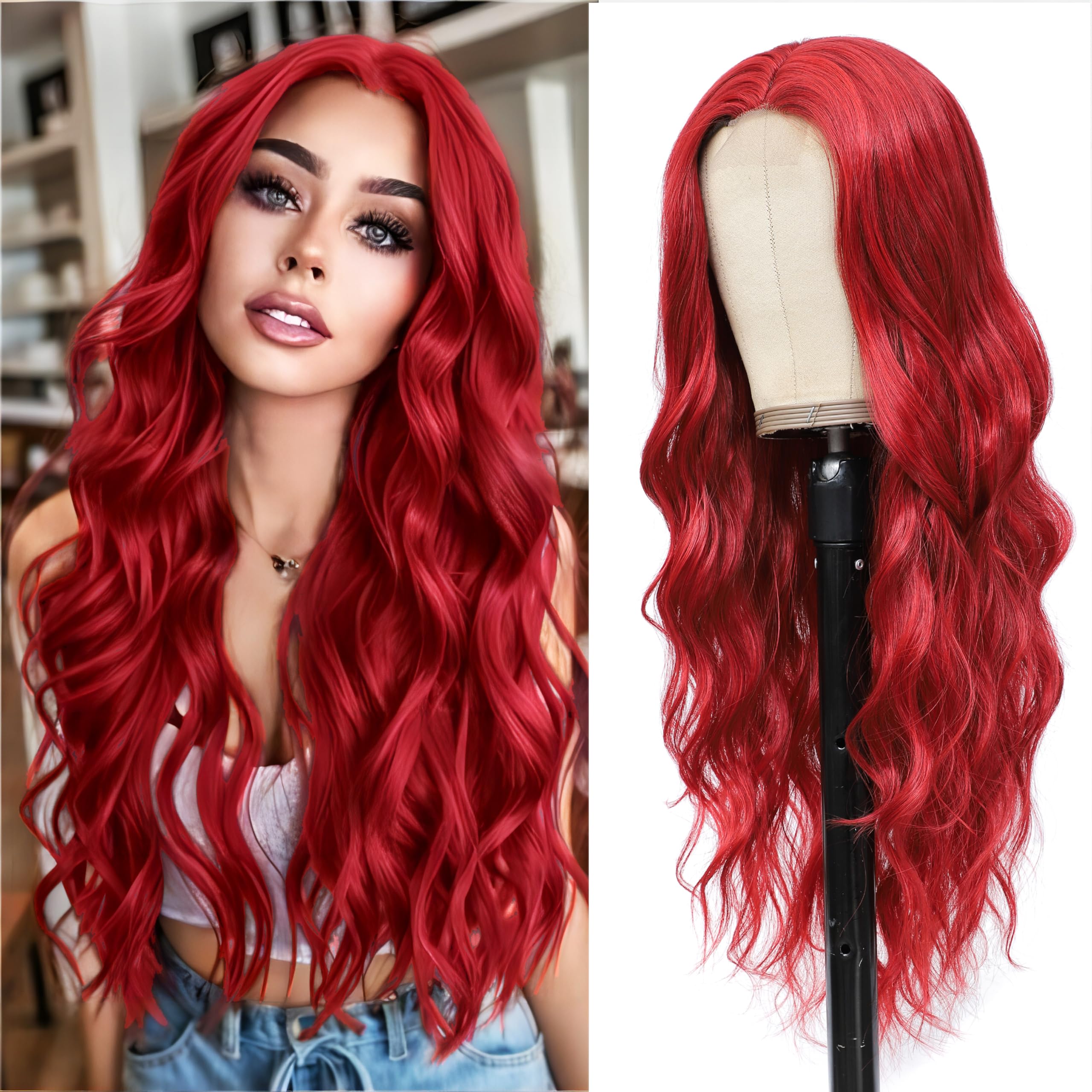 HMHIFI 26-inch long red wig with wavy curls and natural shine.