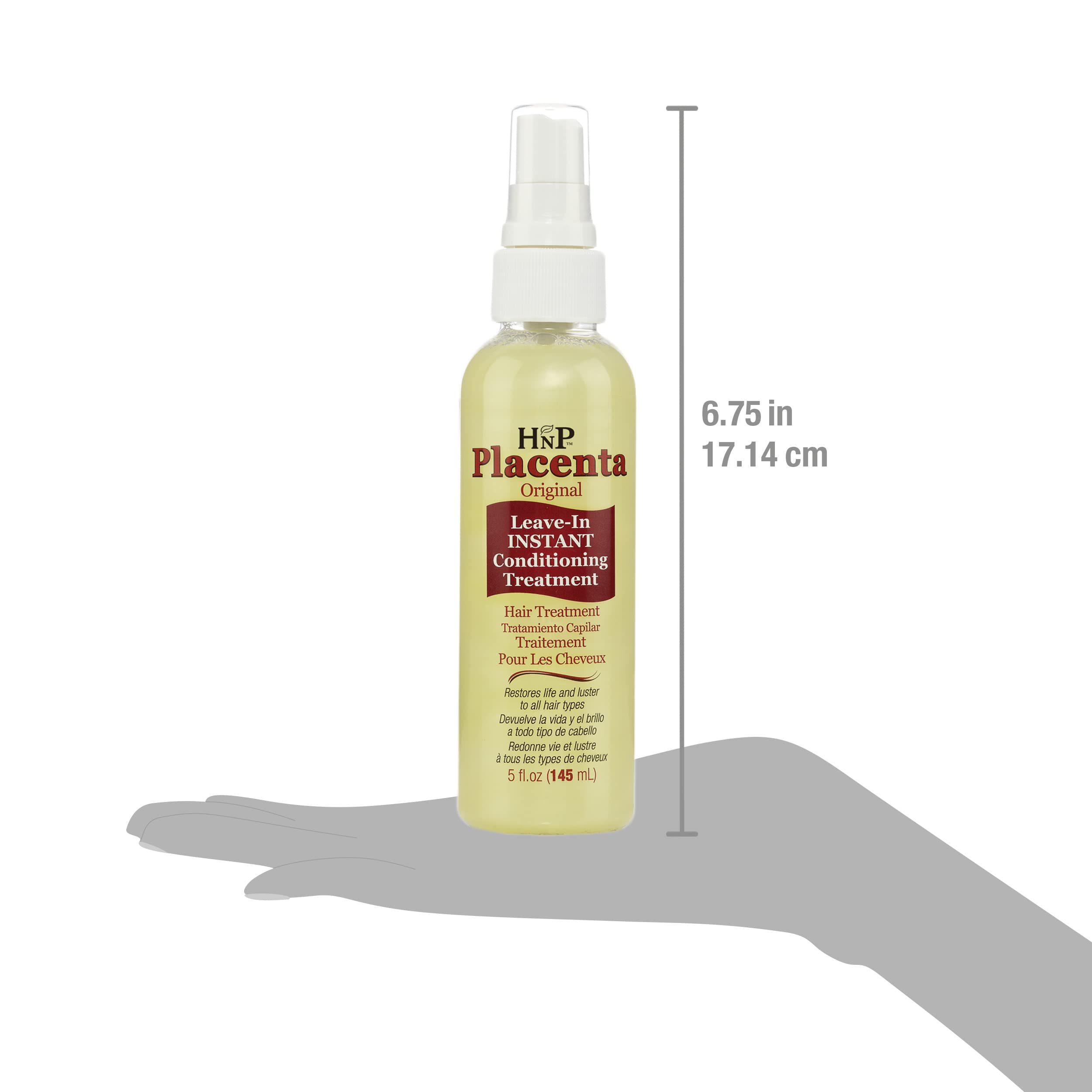 HNP Placenta Original Leave-In close-up highlights frizz control and shine benefits.