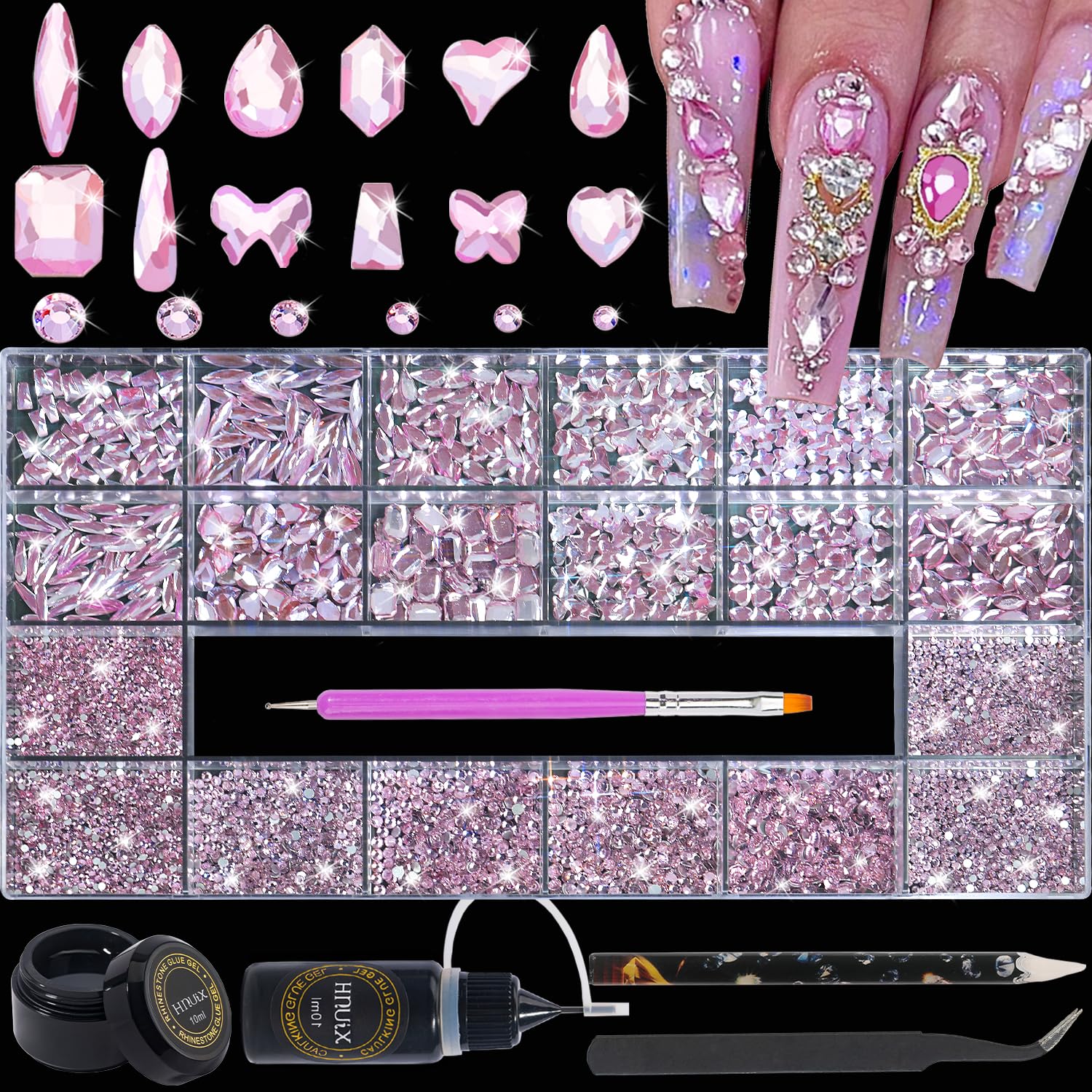 HNUIX nail rhinestones light pink glass crystals for nail art with vivid sparkle